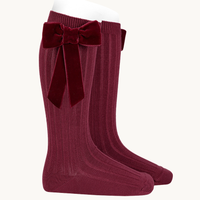 CALCETÍN ALTO LAZO TERCIOPELO COQUETTE - GRANATE