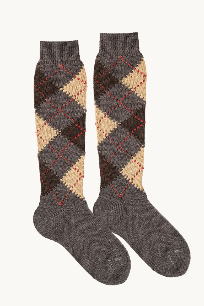 CALCETÍN ALTO ROMBOS - MARRON