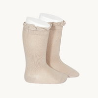 CALCETÍN ALTO PUNTILLA - PIEDRA