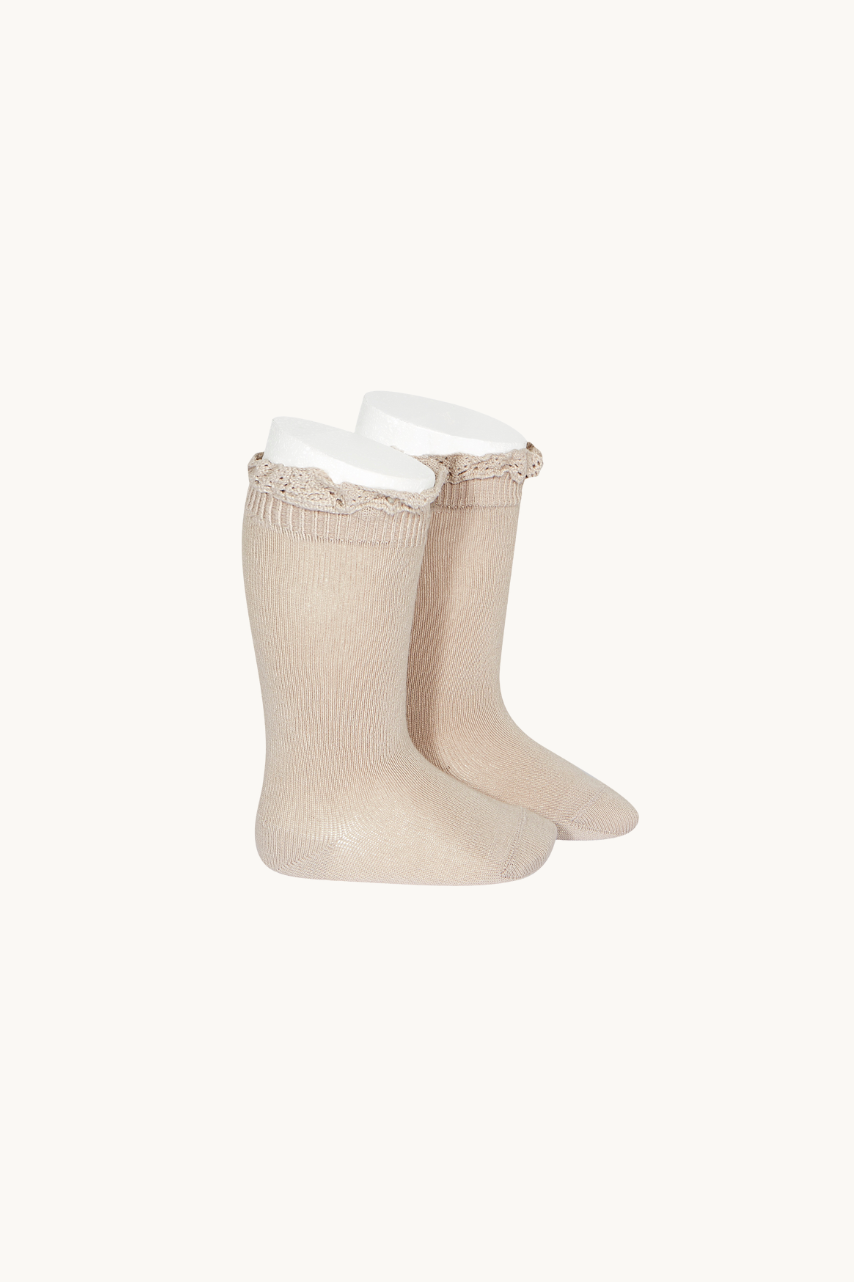 CALCETÍN ALTO PUNTILLA - PIEDRA